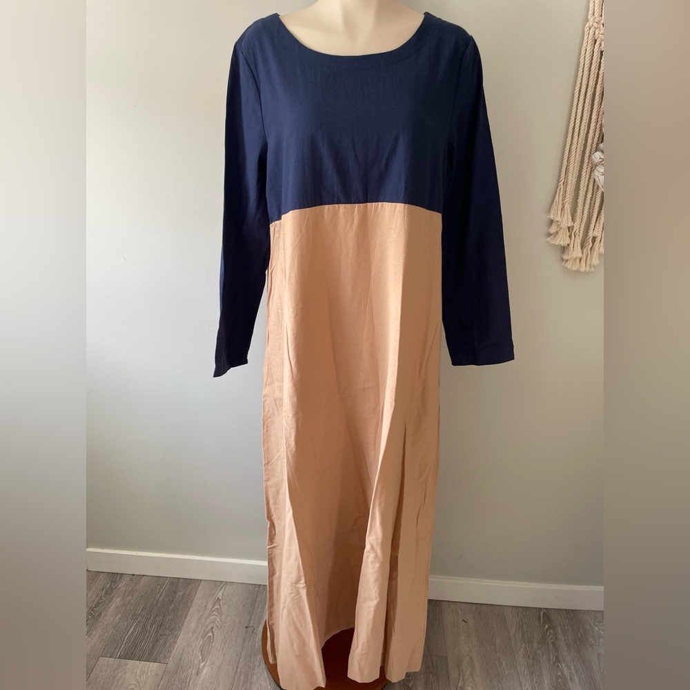 MISSLOOK Cotton Maxi Dress Colorblock Long Sleeve Lagenlook Size XL